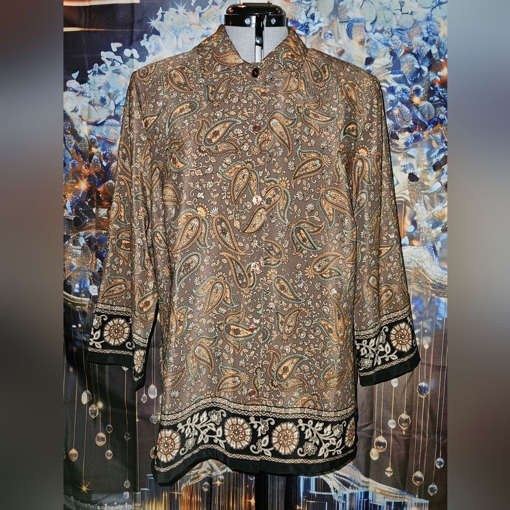 Sag Harbor, Brown & Orange, Paisley Floral, Button-down, Long Sleeve Top, Size M